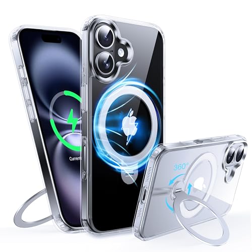 FNDMIL 360°Drehbarer Magnetisch für iPhone 16 Plus Hülle mit MagSafe [Rutschfester Textur][Unsichtbarer Ständer][Militär Schutz] Transparente Hartschale mit Silikon für iPhone 16 Plus Case Dünn,Klar von FNDMIL