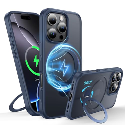 FNDMIL 360°Drehbarer Magnetisch für iPhone 16 Pro Hülle mit MagSafe [Rutschfester Textur][Unsichtbarer Ständer][Militär Schutz] Translucent Matt Hardcase mit Silikon für iPhone 16 Pro Case Dünn,Blau von FNDMIL