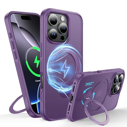 FNDMIL 360°Drehbarer Magnetisch für iPhone 16 Pro Hülle mit MagSafe [Rutschfester Textur][Unsichtbarer Ständer][Militär Schutz] Translucent Matt Hardcase mit Silikon für iPhone 16 Pro Case Dünn, Lila von FNDMIL