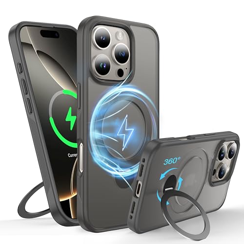 FNDMIL 360°Drehbarer Magnetisch für iPhone 16 Pro Hülle mit MagSafe [Rutschfester Textur][Unsichtbarer Ständer][Militär Schutz] Translucent Matt Hardcase für iPhone 16 Pro Case Dünn, Titan Grau von FNDMIL