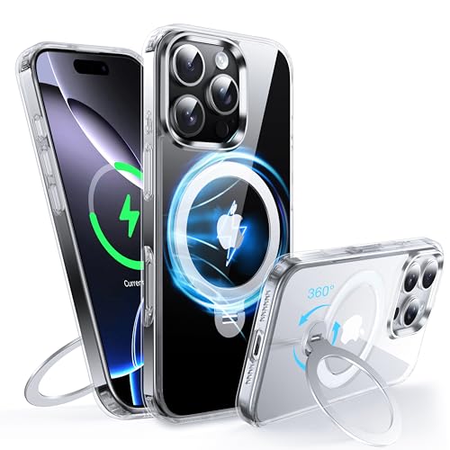 FNDMIL 360°Drehbarer Magnetisch für iPhone 16 Pro Max Hülle mit MagSafe [Rutschfester Textur][Unsichtbarer Ständer][Militär Schutz] Transparente Hartschale mit Silikon für iPhone 16 Pro Max Case,Klar von FNDMIL