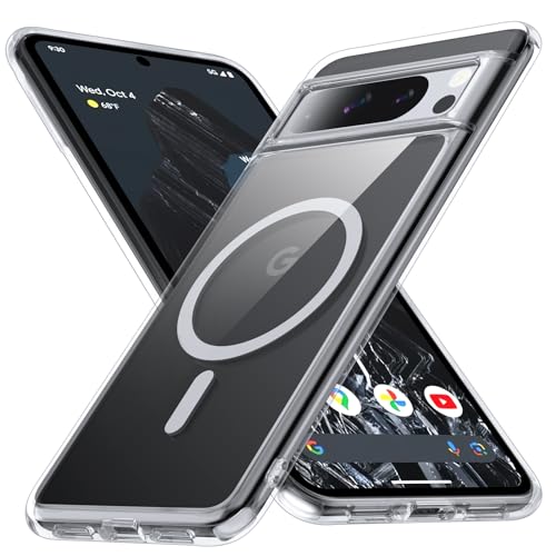 FNDMIL [NO.1 Magnetisch für Google Pixel 8 Pro Hülle mit MagSafe [Transparent Anti-Gelb] [Militär Stoßfest] [Durchsichtig Hardcase]mit Weich Silikon Bumper für Google Pixel 8 Pro Case Dünn 6.7'',Klar von FNDMIL