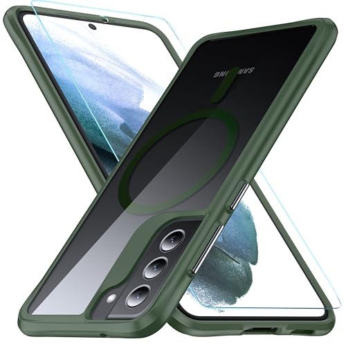 FNDMIL [NO.1 Magnetisch für Samsung Galaxy S21 FE Hülle mit MagSafe [Transparent Anti-Gelb][Militär Stoßfest][Durchsichtig Hardcase] mit Silikon Bumper Handyhülle für Samsung S21 FE Case Dünn,Grün von FNDMIL