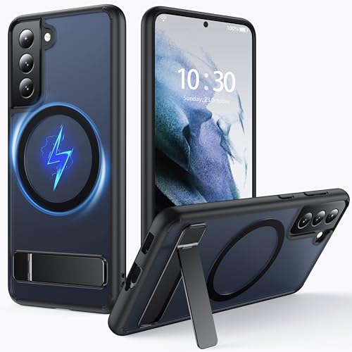 FNDMIL für Samsung Galaxy S21 Hülle mit MagSafe [Klapp Ständer] [Laden Beim Stehen] [Militärisch Stoßfest] Durchscheinender Matt Silikon Bumper Handyhülle für Samsung S21 Case Slim,Schwarz von FNDMIL
