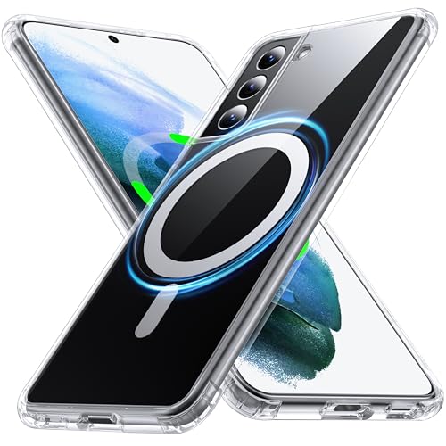 FNDMIL [NO.1 Magnetisch für Samsung Galaxy S21 Hülle mit MagSafe[Transparent Anti-Gelb][Durchsichtig Hardcase][Militär Stoßfest] Hardcase mit Weich Silikon Handyhülle für S21 Case Dünn 6.2'',Klar von FNDMIL