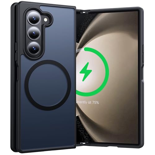 FNDMIL [NO.1 Magnetisch Ständer] für Samsung Galaxy Z Fold 5 Hülle mit Mag-Safe [Magnet Unsichtbar Halterung] [Militärschutz] [Translucent Matt Hardcase] mit Silikon Bumper Dünn Handyhülle, Schwarz von FNDMIL