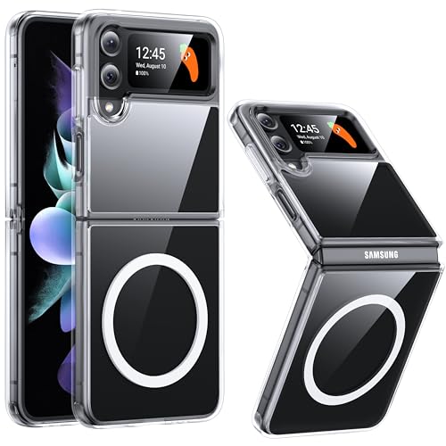 FNDMIL [NO.1 Magnetischfür Samsung Galaxy Z Flip 4 Hülle mit Mag-Safe [Militär Stoßfest][Transparent Anti-Gelb][Durchsichtig Hardcase]mit Weich Silikon Bumper für Samsung Z Flip 4 Case 6.7'',Klar von FNDMIL