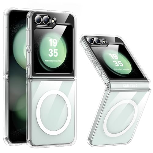 FNDMIL [NO.1 Magnetischfür Samsung Galaxy Z Flip 6 Hülle mit MagSafe [Transparent Anti-Gelb][Militär Stoßfest][Durchsichtig Hardcase]mit Weich Silikon Bumper für Samsung Z Flip 6 Case Dünn 6.7'',Klar von FNDMIL