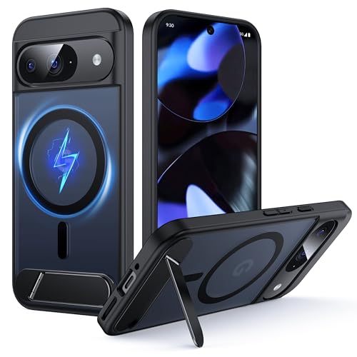 FNDMIL für Google Pixel 9 Hülle/Pixel 9 Pro Hülle mit MagSafe [Klapp Ständer] [Laden Beim Stehen] [Militärisch Stoßfest] Durchscheinender Matt Silikon Bumper Handyhülle für Google 9/9 Pro Case,Schwarz von FNDMIL