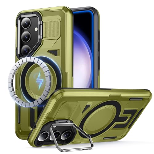 FNDMIL für Samsung Galaxy S23 FE Hülle mit Magnet [Integrierter Kameraständer][Militär Stoßfest][Doppelschichtiger Schutzhülle] Robust Outdoor Bumper Handyhülle für Samsung S23 FE Case, Olivgrün von FNDMIL
