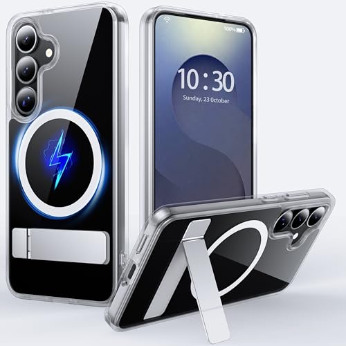 FNDMIL für Samsung Galaxy S25 Hülle mit MagSafe [Unsichtbarer Ständer] [Laden Beim Stehen] [Militärisch Stoßfest] [Durchsichtig Anti-Gelb] Silikon Bumper Handyhülle für S25 Case Slim,Klar von FNDMIL