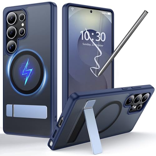 FNDMIL für Samsung Galaxy S25 Ultra Hülle mit MagSafe [Unsichtbarer Ständer] [Laden Beim Stehen] [Militärisch Stoßfest] Durchscheinender Matt Silikon Bumper Handyhülle für S25 Ultra Case Slim,Blau von FNDMIL