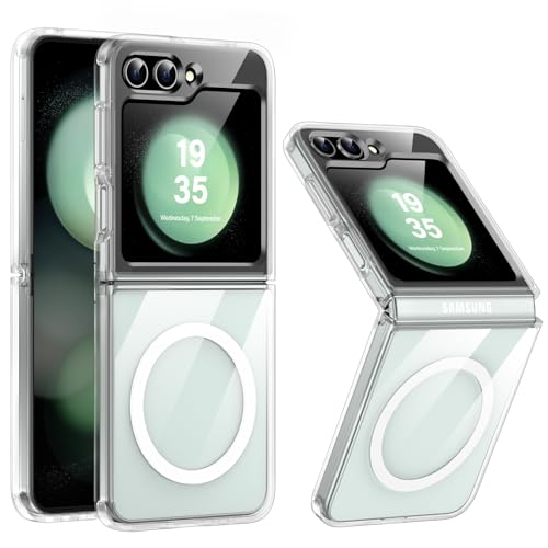 [NO.1 Magnetisch]für Samsung Galaxy Z Flip 5 Hülle mit MagSafe [Transparent Anti-Gelb][Militärschutz Stoßfest][Durchsichtig Hardcase] mit Weich Silikon Bumper für Samsung Z Flip 5 Case Dünn 6.7'',Klar von FNDMIL