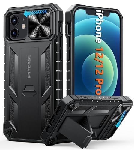 FNTCASE Handyhülle für iPhone 12 Hülle: Stoßfeste Robust Militär-Grade Fallschutz Hülle mit Ständer TPU Matte Hybrid Heavy Duty Harte Bumper rutschfest Schutzhülle Cover für iPhone 12/12 Pro Schwarz von FNTCASE