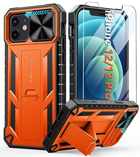 FNTCASE Handyhülle für iPhone 12 Hülle: Stoßfeste Robust Militär-Grade Fallschutz Hülle mit Ständer TPU Matte Hybrid Heavy Duty Harte Bumper rutschfest Schutzhülle Cover für iPhone 12/12 Pro Orange von FNTCASE