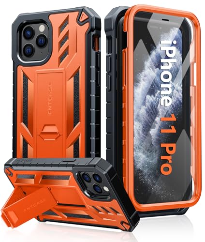 FNTCASE Schutzhülle für iPhone 11 Pro: Stoßfeste Dual-Schutzhülle mit Ständer in Militärqualität, robust, vollständiger Schutz, matt, strukturiert, sturzsicher, strapazierfähig, 14 cm, Orange von FNTCASE