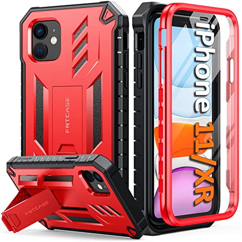 FNTCASE Schutzhülle für iPhone 11: für iPhone XR Hülle mit Ständer, stoßfest, Militärqualität, doppellagig, vollständiger Schutz, langlebig, matt, strukturiert, sturzsicher, 15,4 cm, Rot von FNTCASE