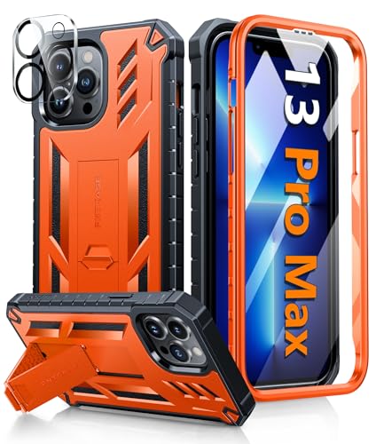 FNTCASE Schutzhülle für iPhone 13 Pro-Max: Stoßfeste Schutzhülle mit Ständer in Militärqualität, zweilagiger Vollschutz, matt, strukturiert, sturzsicher, strapazierfähig, 17,5 cm, Orange von FNTCASE