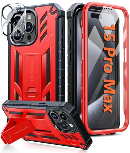 FNTCASE Schutzhülle für iPhone 15-Pro-Max: Militärqualität, sturzsicher, robuste Schutzhülle mit Ständer und integriertem Schutz, matt strukturierte, stoßfeste TPU-Hybrid-Schutzhülle (rot) von FNTCASE