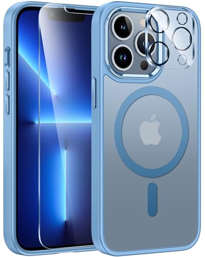 FNTCASE für iPhone 13 Pro Hülle: Magnetische durchscheinende Matte Handyhülle, Metallknopf, mit Displayschutzfolie aus gehärtetem Glas und Objektivschutz Schutzhülle- 6,1 Zoll von FNTCASE