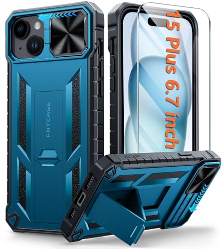 FNTCASE für iPhone 15 Plus Hülle: Stoßfeste Robust Militär-Grade Fallschutz Handyhülle mit Ständer TPU Matte Hybrid Heavy Duty Harte Bumper rutschfest Schutzhülle Cover für iPhone 14 Plus Blau von FNTCASE