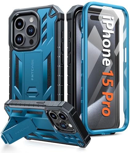 FNTCASE für iPhone 15 Pro Hülle: Military Grade Handyhülle mit Ständer Multifunktion Schutzhülle mit Kameralinsenschutz 360 Rundumschutz Outdoor Case für iPhone 15 Pro Cover 6,1 Zoll (B-blau) von FNTCASE