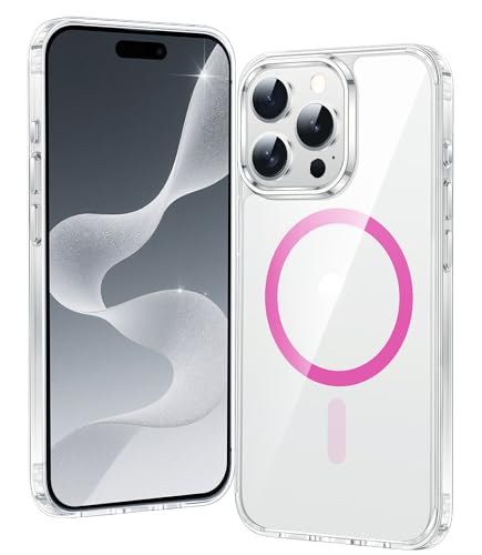 FNTCASE für iPhone 15-Pro Klar Hülle: Handyhülle Magnetische Militär Fallschutz Anti Vergilbung Handyhülle - Robuste langlebige stoßfeste Schutzhülle 6,1 Zoll (Klar-HeißPink) von FNTCASE