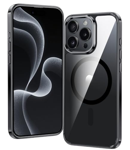 FNTCASE für iPhone 15-Pro Klar Hülle: Handyhülle Magnetische Militär Fallschutz Anti Vergilbung Handyhülle - Robuste langlebige stoßfeste Schutzhülle 6,1 Zoll (Klar-Schwarz) von FNTCASE