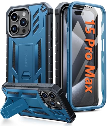 FNTCASE für iPhone 15-Pro-Max Hülle: Military Grade Handyhülle mit Ständer Multifunktion Schutzhülle mit Kameralinsenschutz Outdoor Case für iPhone 15 Pro Max Cover 6,7 Zoll (B-Blau) von FNTCASE