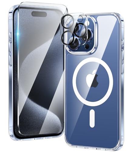 FNTCASE für iPhone 15-Pro-Max Klar Hülle: Handyhülle Magnetische Militär Fallschutz Anti Vergilbung Handyhülle - Robuste langlebige stoßfeste Schutzhülle 6,7 Zoll (Klar) von FNTCASE