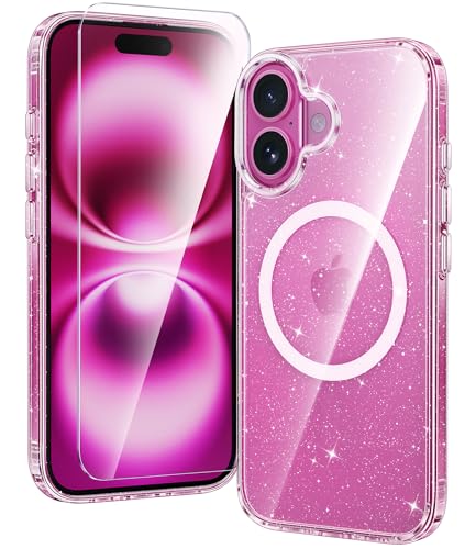 FNTCASE für iPhone 16 Klar Hülle: Magnetisch Militärischen Grad Fallschutz Anti Vergilbung Schlankes Hülle - Robuste Stoßfeste Schützende Transparente Handyhülle - 6,1 Zoll (Glitzer) von FNTCASE