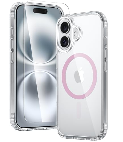 FNTCASE für iPhone 16 Klar Hülle: Magnetisch Militärischen Grad Fallschutz Anti Vergilbung Schlankes Hülle - Robuste Stoßfeste Schützende Transparente Handyhülle - 6,1 Zoll (Klar-Rosa) von FNTCASE