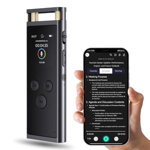 Digitales Diktiergerät mit APP für Sprach-zu-Text-Transkription, GPT-4o-Zusammenfassung, Mind Mapping, Wiedergabe-Unterstützung, Sprachaktivierung, 64 GB Diktiergerät aus Aluminiumlegierung, Space von FOCASE REC