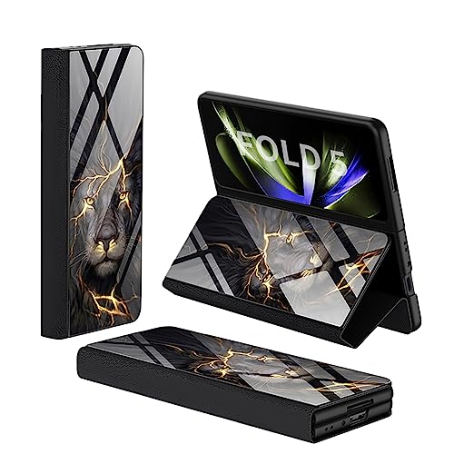 FODDOM Schutzhülle für Samsung Galaxy Z Fold 5, Luxus Flip Plating Glas Kristall Hybrid Leder 360 Grad All-Inclusive Stoßfest Schutzhülle für Samsung Fold 5 (Löwe) von FODDOM