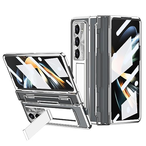 FODDOM Schutzhülle für Samsung Galaxy Z Fold 5, mit flachem Scharnierschutz, Displayschutzfolie aus gehärtetem Glas und Ständer, ultradünn, transparent, Polycarbonat, stoßfest, silberfarben von FODDOM