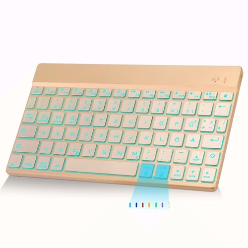 FOGARI Bluetooth Tastatur 10 Zoll - Tastatur mit 7 Farben Beleuchtete QWERTZ Deutsches Layout Tastarur für iPad, Samsung Tablet, Lenovo Tablet, Kabellose Tragbare Wiederaufladbare Tastatur, Gold von FOGARI