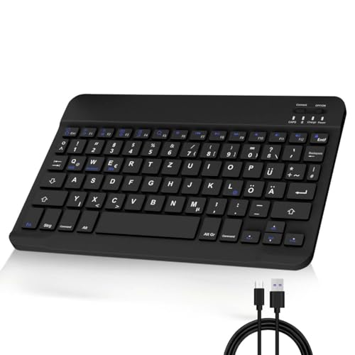 FOGARI Deutsche Bluetooth Tastatur - Ultra-dünn, USB-C Wiederaufladbar Tastatur für iPad Air/iPad Pro/Mini/iPad 10,9/10,2/9,7/iPhone/Samsung Galaxy Tab/Huawei/Xiaomi Pad/Lenovo/HD 10, Schwarz von FOGARI