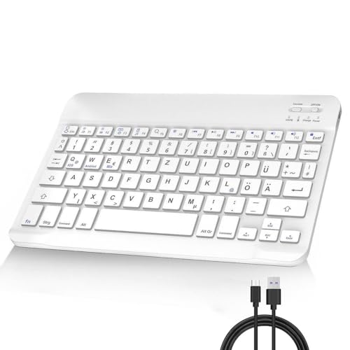 FOGARI Deutsche Bluetooth Tastatur - Ultra-dünn, USB-C Wiederaufladbar für iPad Air/iPad Pro/Mini/iPad 10,9/10,2/9,7/iPhone/Samsung Galaxy Tab/Huawei/Xiaomi Pad/Lenovo/HD 10, Weiß von FOGARI