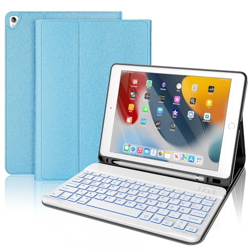 FOGARI Hülle mit Tastatur für iPad 10.2 9/8/7. Generation - 7-Farbige Beleuchtung QWERTZ Deutsches Layout Tastatur mit PU Leder Schützhülle für iPad 10.2 Zoll, Eisblau von FOGARI