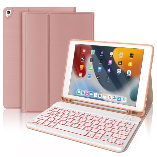 FOGARI Hülle mit Tastatur für iPad 10.2 9/8/7. Generation - 7-Farbige Beleuchtung QWERTZ Deutsches Layout Tastatur mit PU Leder Schützhülle für iPad 10.2 Zoll, Roségold von FOGARI