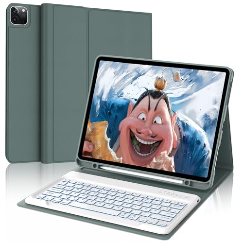 FOGARI Hülle mit Tastatur für iPad Pro 12.9 (6/5/4/3 Gen), 7 Farben Beleuchtung, Deutsches QWERTZ, Magnetisch Abnehmbarer Bluetooth Tastatur für iPad 12,9 Zoll, Dunkelgrün von FOGARI