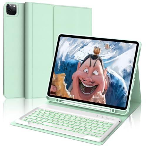 FOGARI Hülle mit Tastatur für iPad Pro 12.9 (6/5/4/3 Gen), 7 Farben Beleuchtung, Deutsches QWERTZ, Magnetisch Abnehmbarer Bluetooth Tastatur für iPad 12,9 Zoll, Hellgrün von FOGARI