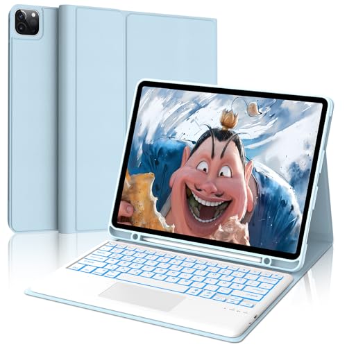 FOGARI Hülle mit Tastatur für iPad Pro 12.9 (6/5/4/3 Gen), 7 Farben Beleuchtung, Multi Touch Trackpad, Deutsches QWERTZ Magnetisch Abnehmbarer Bluetooth Tastatur für iPad 12,9 Zoll, Hellblau von FOGARI