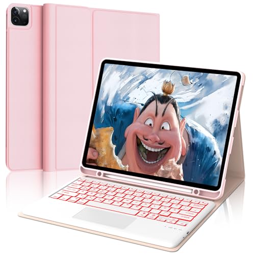 FOGARI Hülle mit Tastatur für iPad Pro 12.9 (6/5/4/3 Gen), 7 Farben Beleuchtung, Multi Touch Trackpad, Deutsches QWERTZ Magnetisch Abnehmbarer Bluetooth Tastatur für iPad 12,9 Zoll, Rosa von FOGARI