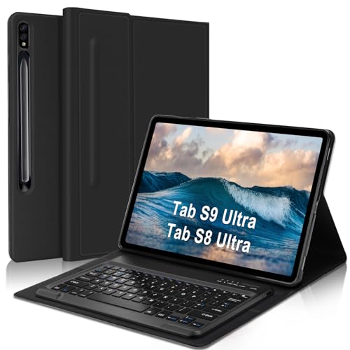FOGARI Samsung Galaxy Tab S9 Ultra Tastaturhülle 2023 – abnehmbare kabellose BT-Tastatur – schlanke PU-Smart-Hülle für Samsung Galaxy Tablet S9 Ultra 5G 14,6 Zoll (X910/X916/X918), Schwarz von FOGARI