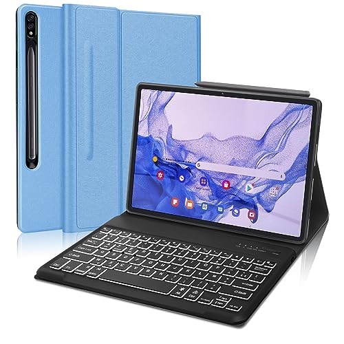 FOGARI Schutzhülle für Samsung Tab S8 Plus 5G / S7 FE / S7 Plus – Französische Tastatur, magnetisch, Bluetooth, 7 Farben, Hintergrundbeleuchtung mit Schutzhülle für Galaxy Tab 12,4 Zoll / 30,6 cm von FOGARI