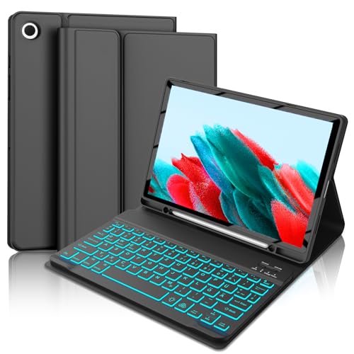 FOGARI Tastatur Hülle für Samsung Galaxy Tab A8 10.5‘’ - Schutzhülle mit Pencil Halter, 7-Farbige Beleuchtung Tastatur mit QWERTZ Layout für Tab A8 10.5 Zoll 2022 SM-X200/X205/X207 Tablet, Schwarz von FOGARI