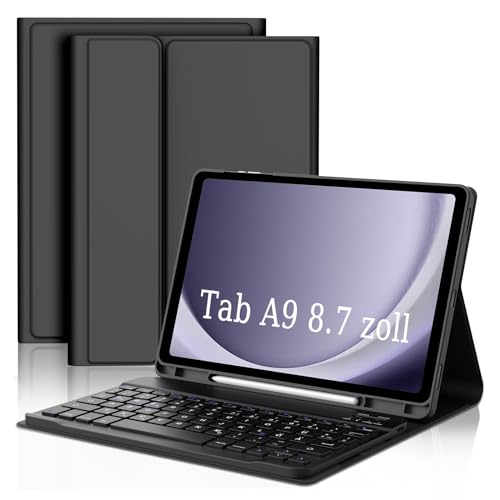 FOGARI Tastatur Hülle für Samsung Galaxy Tab A9 2023 8.7 Zoll Tablet - Tastatur für Galaxy Tab A9 (SM-X110/X115/X117), Schutzhülle mit Pencil Halter, Abnehmbarer Tastatur QWERTZ Layout - Schwarz von FOGARI