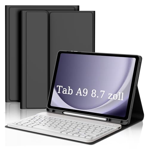 FOGARI Tastatur Hülle für Samsung Galaxy Tab A9 2023 8.7 Zoll Tablet - Tastatur für Galaxy Tab A9 (SM-X110/X115/X117),Schutzhülle mit Pencil Halter,Abnehmbarer Tastatur QWERTZ Layout - Schwarz+Weißem von FOGARI