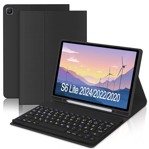 FOGARI Tastatur Hülle für Samsung Galaxy Tab S6 Lite 10.4 Zoll 2022/2020(SM-P610/P615/P613/P619) - Deutsches QWERTZ Kabellos Abnehmbare Tastatur Schutzhülle mit Pencil Halter - Schwarz von FOGARI